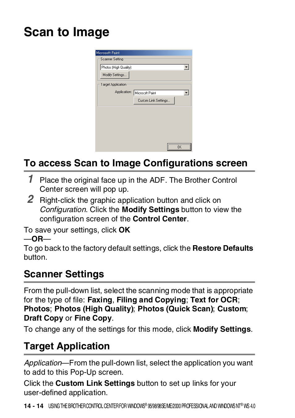 Scan to image, To access scan to image configurations screen, Scanner settings | Target application, Scan to image -14 | Brother MFC-8820DN User Manual | Page 234 / 421