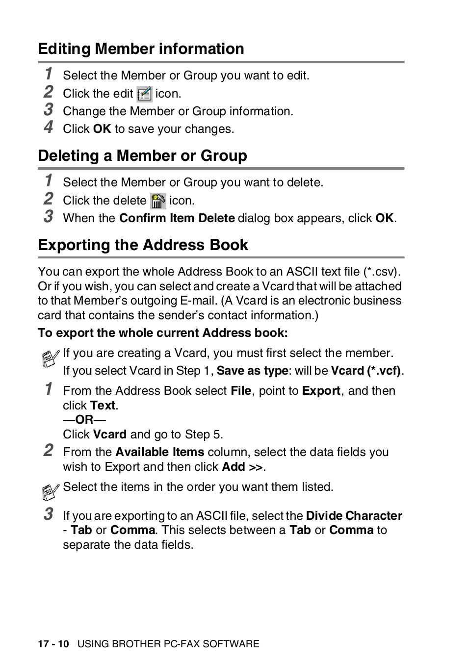 Editing member information, Deleting a member or group, Exporting the address book | Brother MFC-8820DN User Manual | Page 284 / 421