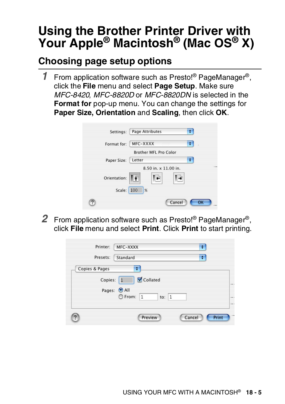 Using the brother printer driver with your apple, Macintosh, Mac os x) -5 | Mac os, Choosing page setup options | Brother MFC-8820DN User Manual | Page 304 / 421