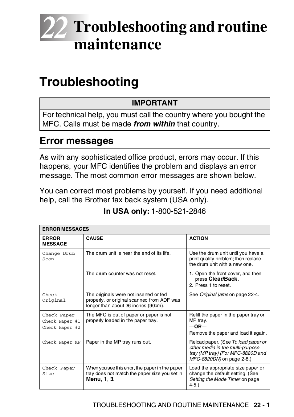 22 troubleshooting and routine maintenance, Troubleshooting, Error messages | Troubleshooting and routine maintenance -1, Troubleshooting -1, Error messages -1, Troubleshooting and routine maintenance | Brother MFC-8820DN User Manual | Page 353 / 421