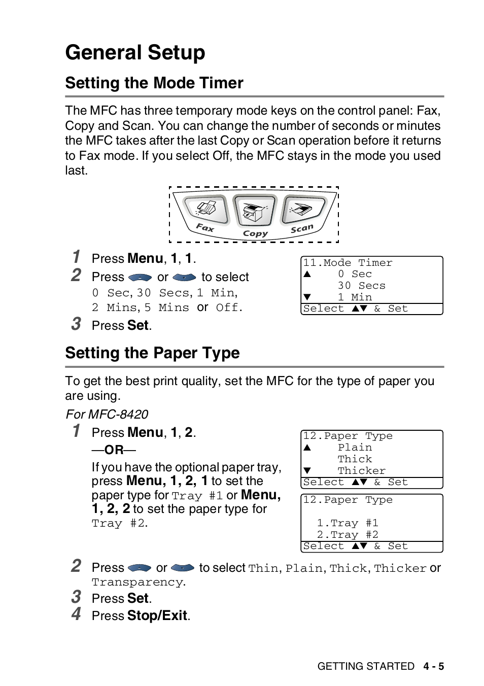 General setup, Setting the mode timer, Setting the paper type | General setup -5 | Brother MFC-8820DN User Manual | Page 78 / 421
