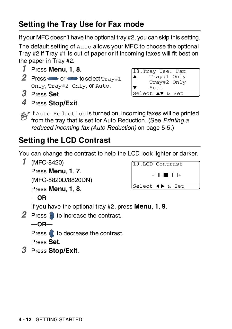 Setting the tray use for fax mode, Setting the lcd contrast | Brother MFC-8820DN User Manual | Page 85 / 421