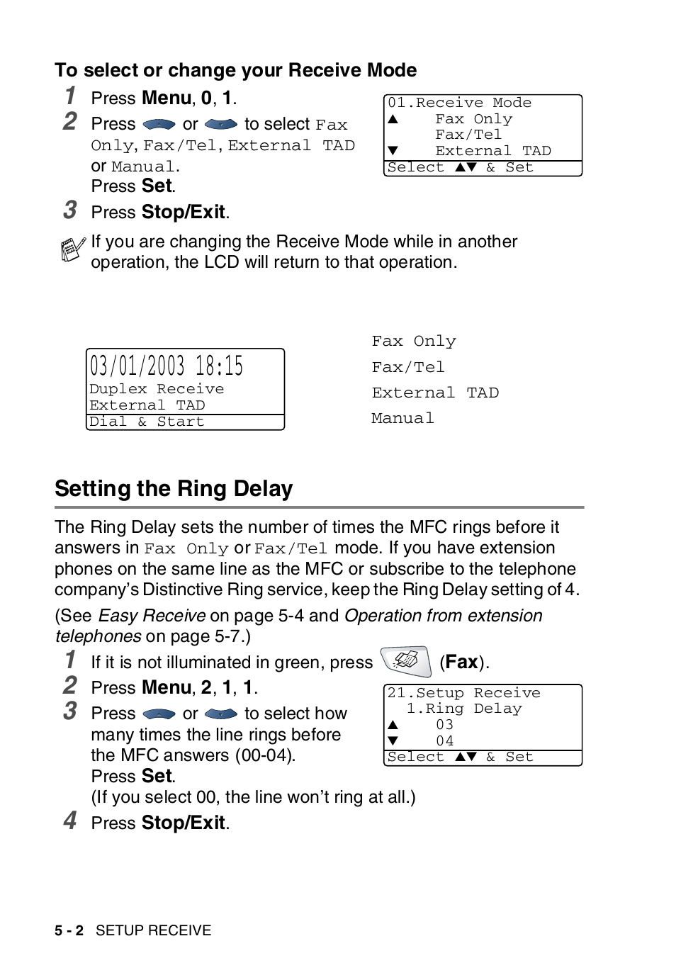 To select or change your receive mode, Setting the ring delay, To select or change your receive mode -2 | Setting the ring delay -2 | Brother MFC-8820DN User Manual | Page 87 / 421