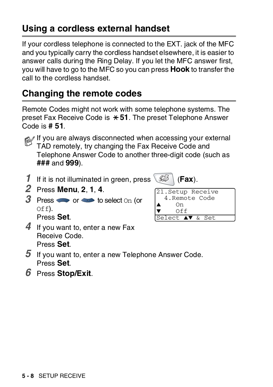 Using a cordless external handset, Changing the remote codes | Brother MFC-8820DN User Manual | Page 93 / 421