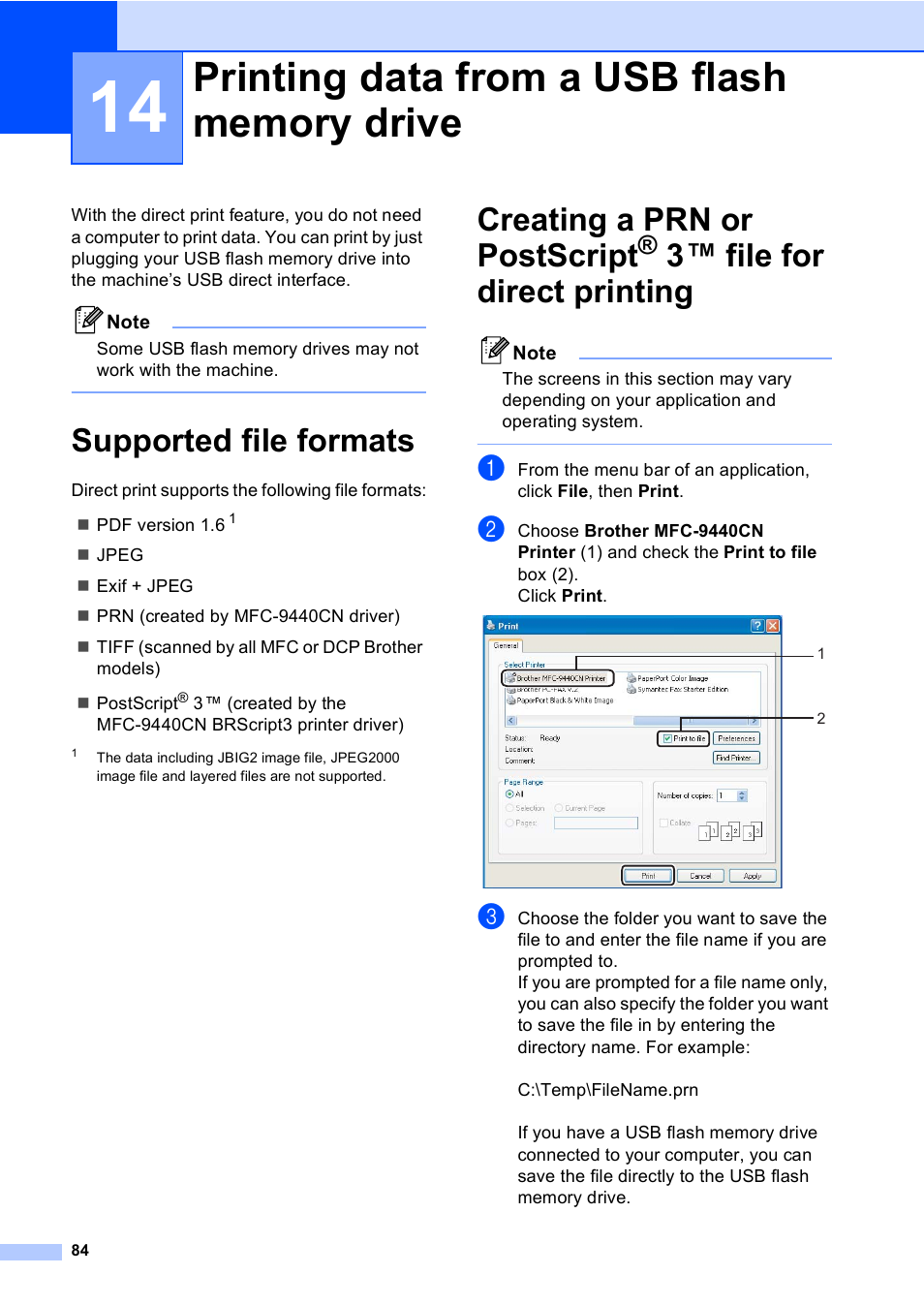 14 printing data from a usb flash memory drive, Supported file formats, Printing data from a usb flash memory drive | 3™ file for direct printing, Creating a prn or postscript, File for direct printing | Brother MFC-9440CN User Manual | Page 100 / 247