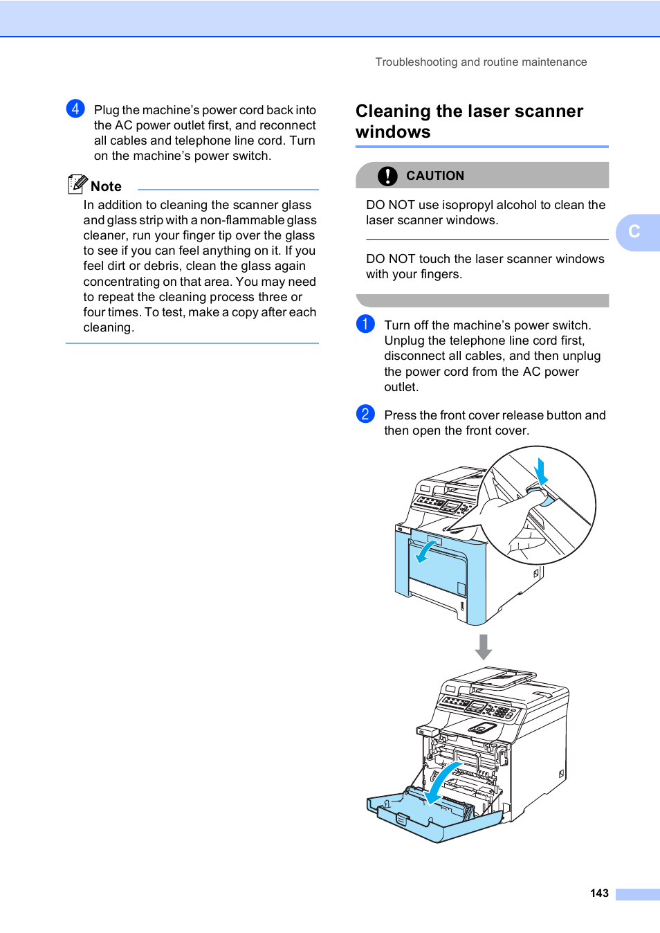 Cleaning the laser scanner windows | Brother MFC-9440CN User Manual | Page 159 / 247
