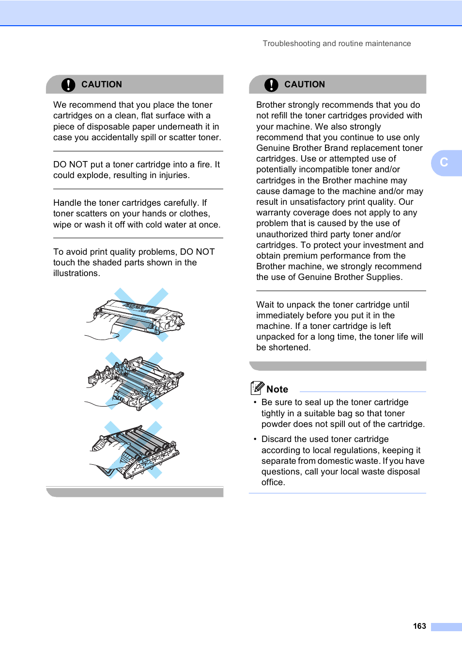 Caution, Troubleshooting and routine maintenance 163 | Brother MFC-9440CN User Manual | Page 179 / 247
