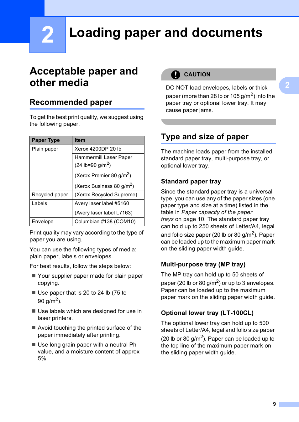 2 loading paper and documents, Acceptable paper and other media, Recommended paper | Type and size of paper, Standard paper tray, Multi-purpose tray (mp tray), Optional lower tray (lt-100cl), Loading paper and documents, Recommended paper type and size of paper | Brother MFC-9440CN User Manual | Page 25 / 247