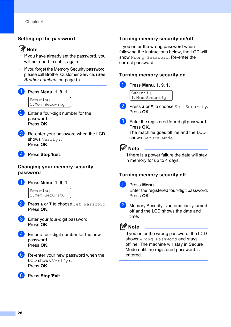 Setting up the password, Changing your memory security password, Turning memory security on/off | Turning memory security on, Turning memory security off | Brother MFC-9440CN User Manual | Page 44 / 247