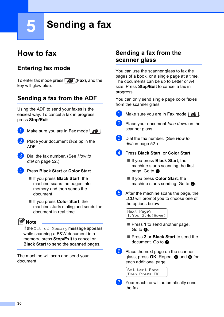 5 sending a fax, How to fax, Entering fax mode | Sending a fax from the adf, Sending a fax from the scanner glass, Sending a fax | Brother MFC-9440CN User Manual | Page 46 / 247