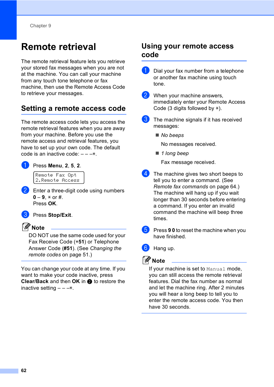 Remote retrieval, Setting a remote access code, Using your remote access code | Brother MFC-9440CN User Manual | Page 78 / 247