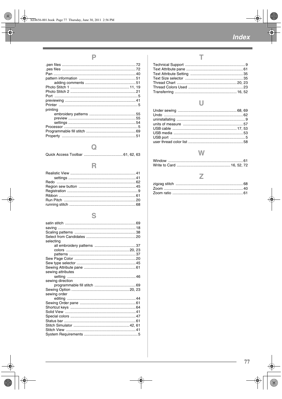 Index | Brother PE-DESIGN PLUS User Manual | Page 79 / 80