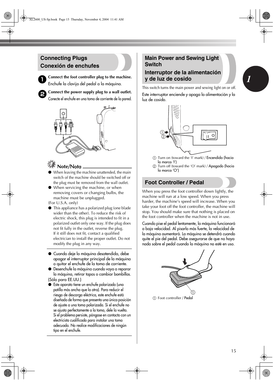 Connecting plugs conexión de enchufes, Foot controller / pedal | Brother XL 2600i User Manual | Page 16 / 82