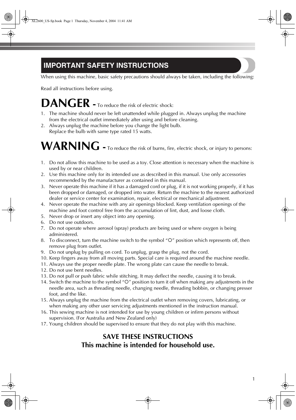 Danger, Warning, Important safety instructions | Brother XL 2600i User Manual | Page 2 / 82