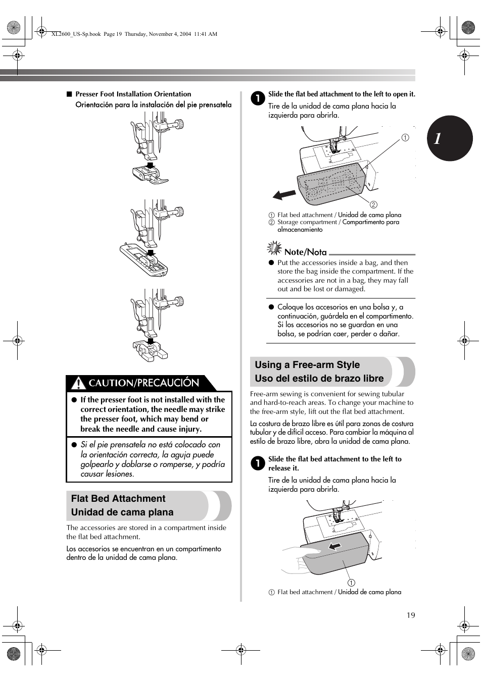 Flat bed attachment unidad de cama plana, Caution/ precaución | Brother XL 2600i User Manual | Page 20 / 82
