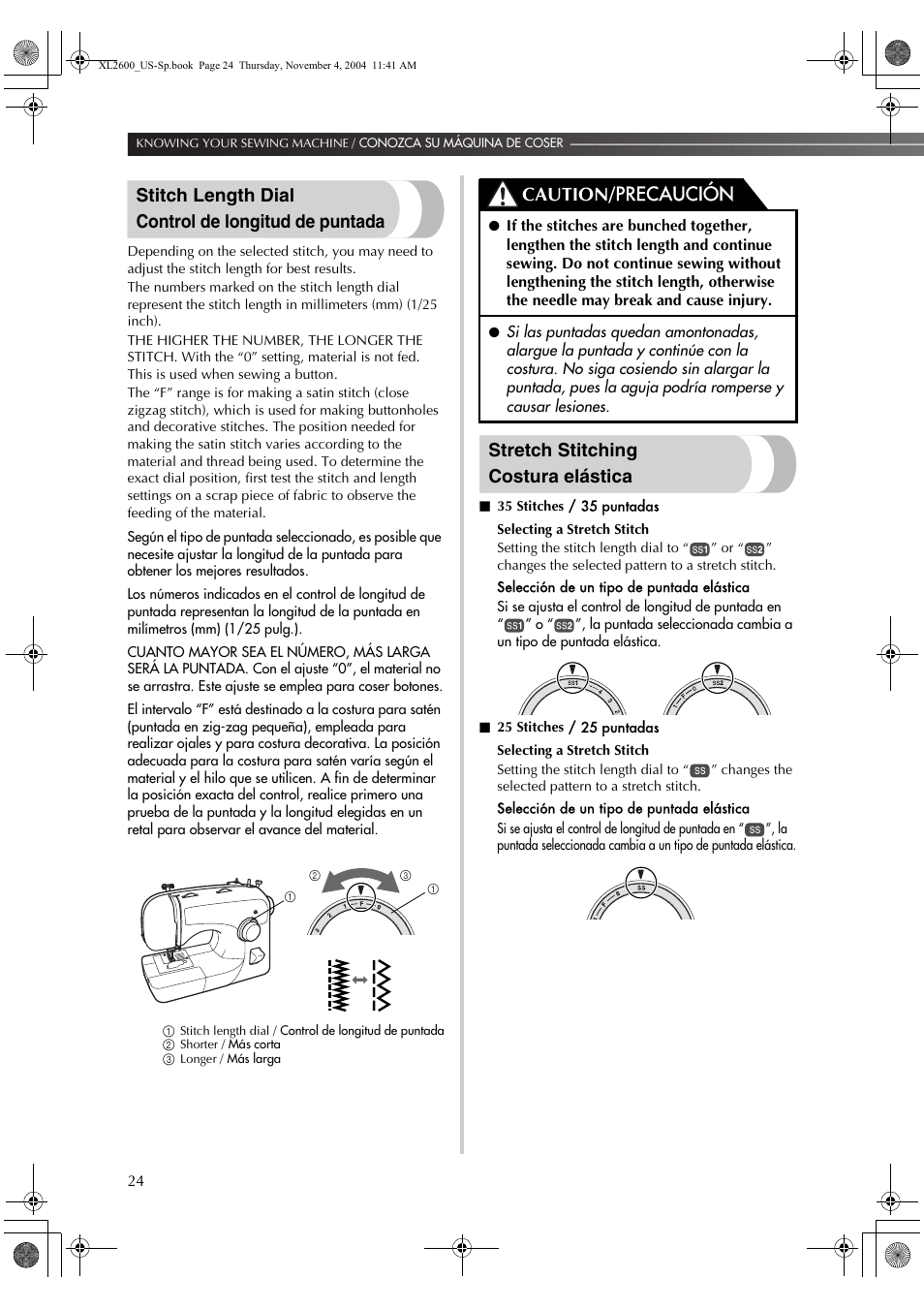 Stitch length dial control de longitud de puntada, Stretch stitching costura elástica, Caution/ precaución | Brother XL 2600i User Manual | Page 25 / 82