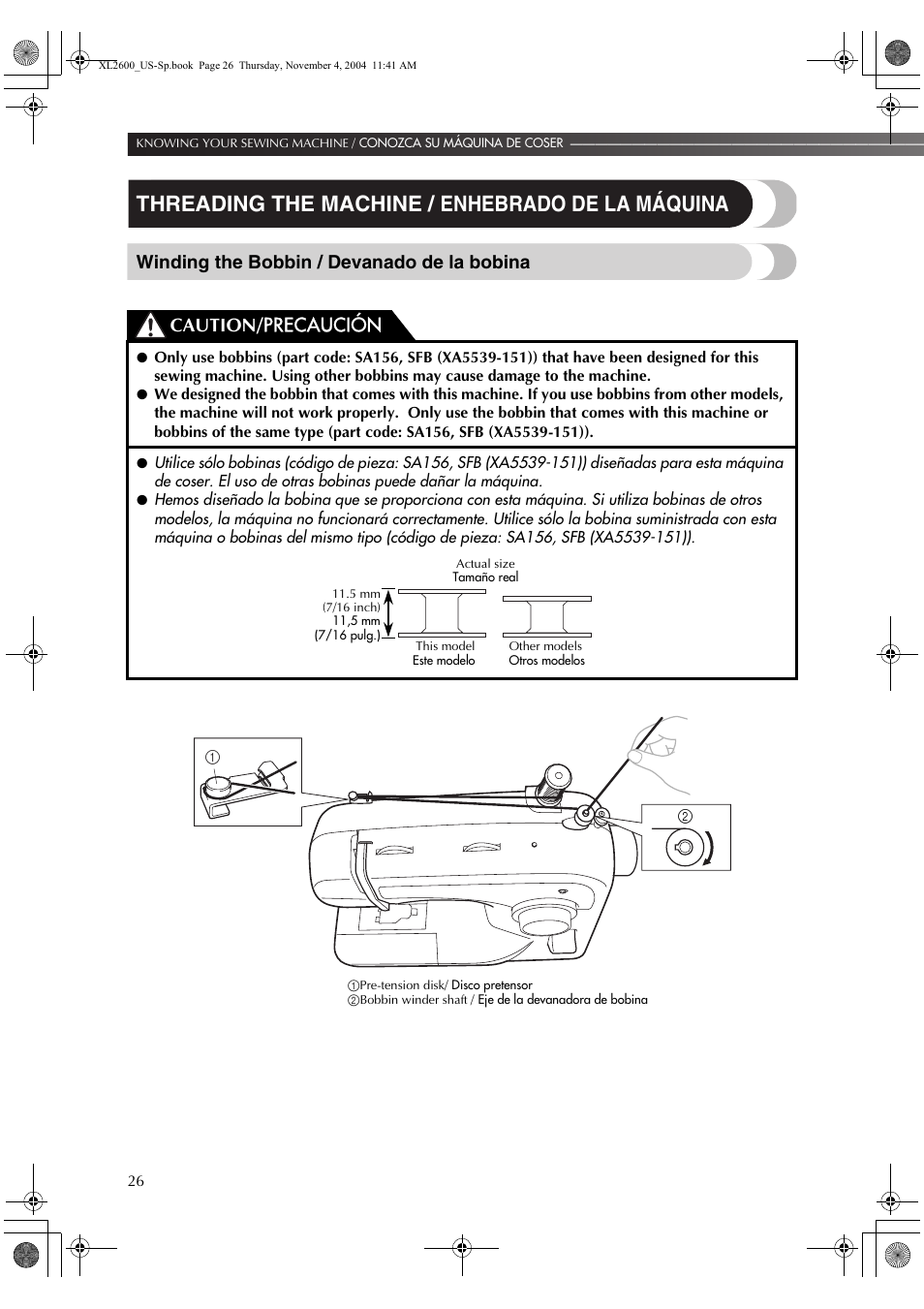 Threading the machine / enhebrado de la máquina, Winding the bobbin / devanado de la bobina, Caution/ precaución | Brother XL 2600i User Manual | Page 27 / 82