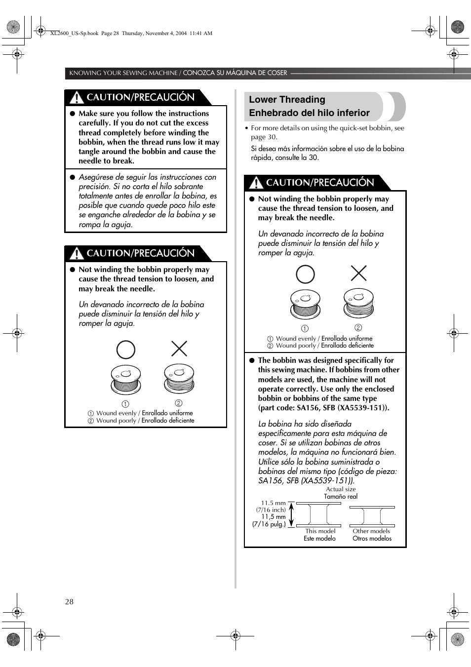 Lower threading enhebrado del hilo inferior, Caution/ precaución | Brother XL 2600i User Manual | Page 29 / 82