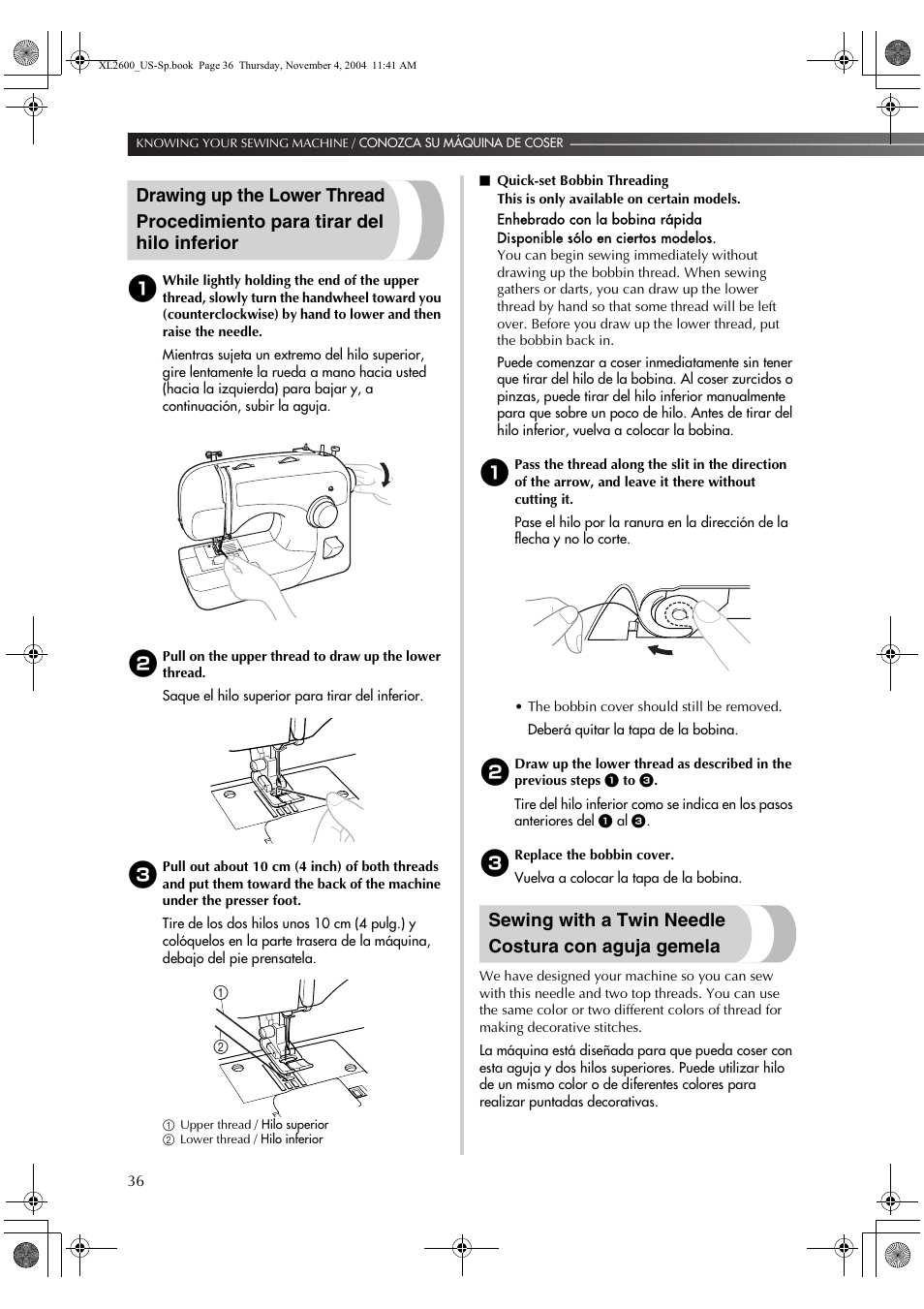 Sewing with a twin needle costura con aguja gemela | Brother XL 2600i User Manual | Page 37 / 82