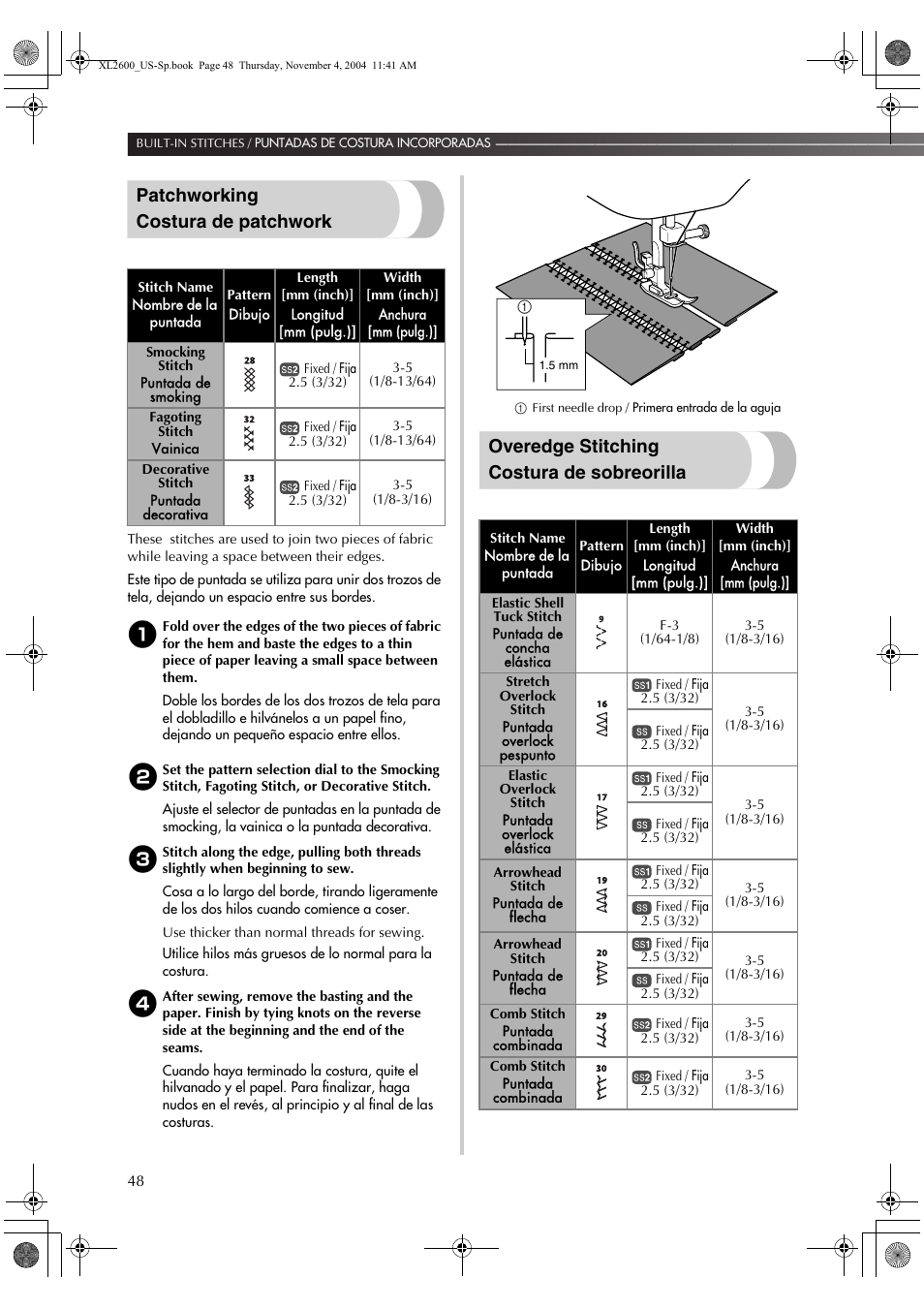 Patchworking costura de patchwork, Overedge stitching costura de sobreorilla | Brother XL 2600i User Manual | Page 49 / 82
