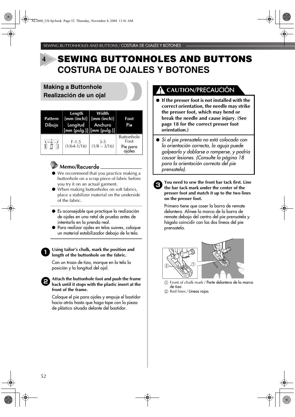 Making a buttonhole realización de un ojal, Caution/ precaución | Brother XL 2600i User Manual | Page 53 / 82