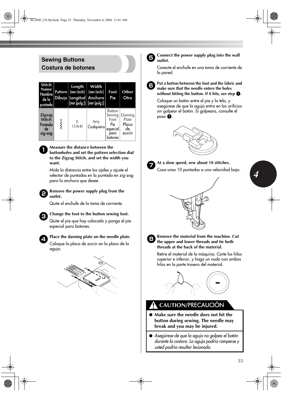 Sewing buttons costura de botones, Caution/ precaución | Brother XL 2600i User Manual | Page 56 / 82