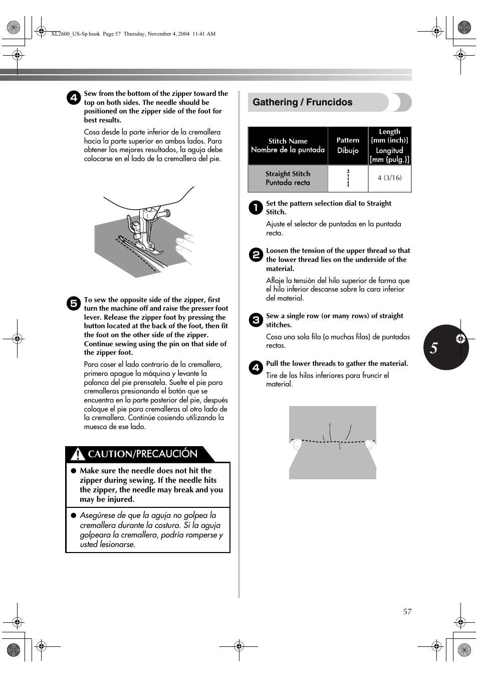 Gathering / fruncidos, Caution/ precaución | Brother XL 2600i User Manual | Page 58 / 82