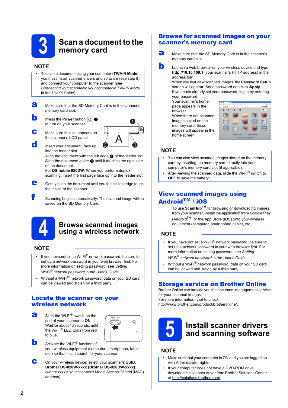 3 scan a document to the memory card, 4 browse scanned images using a wireless network, 5 install scanner drivers and scanning software | Install scanner drivers and scanning software, Browse scanned images using a wireless network | Brother DS-820W User Manual | Page 2 / 6