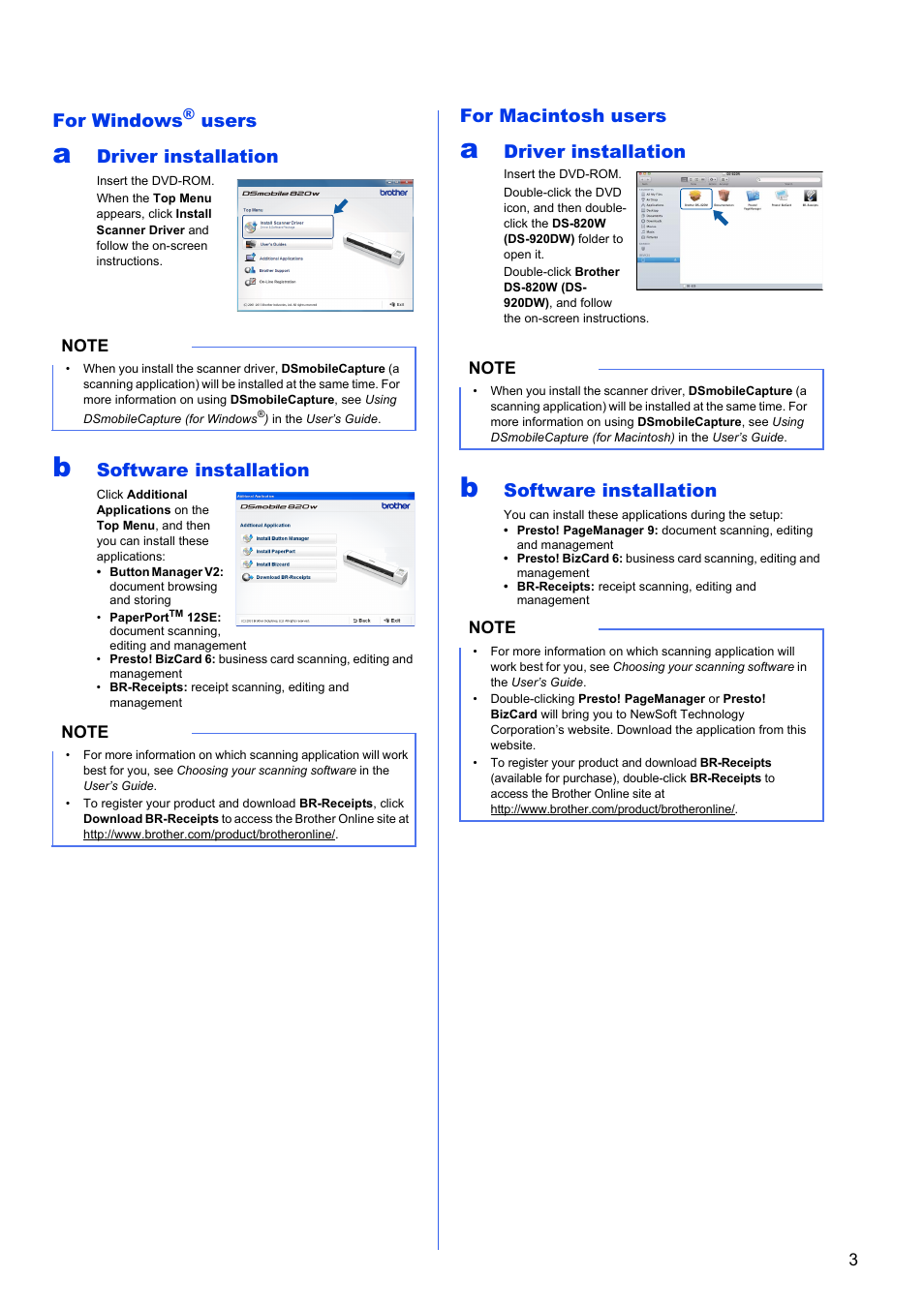 For windows, Users, Driver installation | Software installation, For macintosh users | Brother DS-820W User Manual | Page 3 / 6