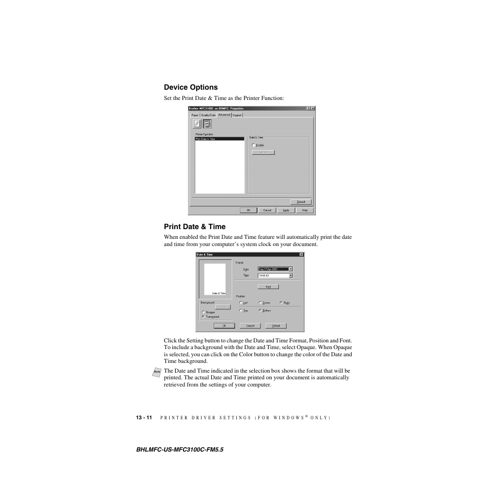 Device options, Print date & time, Device options -11 print date & time -11 | Brother MFC-3100C User Manual | Page 110 / 210