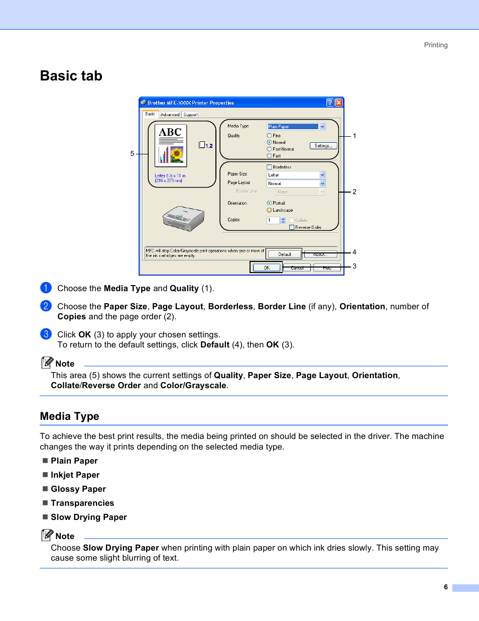 Basic tab, Media type | Brother MFC-640CW User Manual | Page 12 / 160