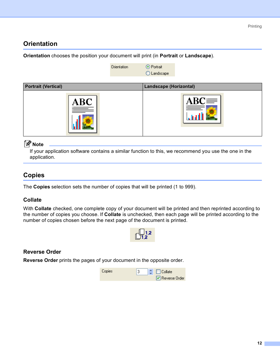 Orientation, Copies, Collate | Reverse order, Orientation copies, Portrait (vertical) landscape (horizontal) | Brother MFC-640CW User Manual | Page 18 / 160