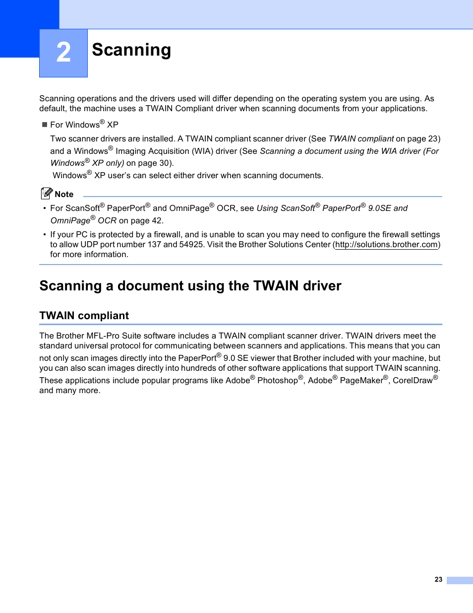 2 scanning, Scanning a document using the twain driver, Twain compliant | Scanning | Brother MFC-640CW User Manual | Page 29 / 160