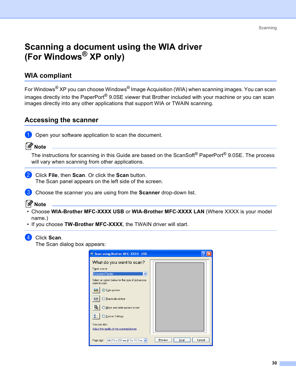 Wia compliant, Accessing the scanner, Scanning a document using the wia driver | For windows, Xp only), Wia compliant accessing the scanner, Scanning a document using the wia driver (for, Windows | Brother MFC-640CW User Manual | Page 36 / 160