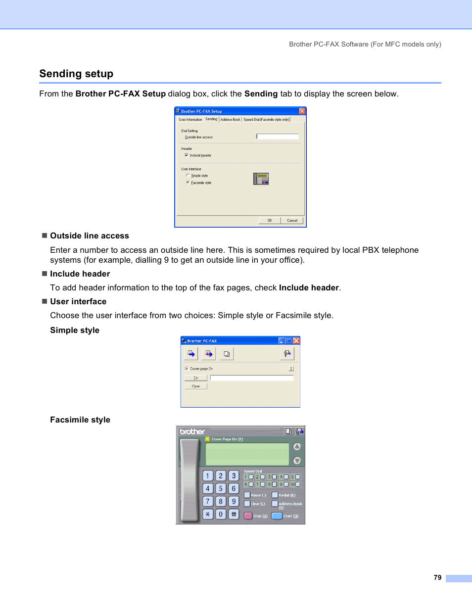 Sending setup, Facsimile style | Brother MFC-640CW User Manual | Page 85 / 160
