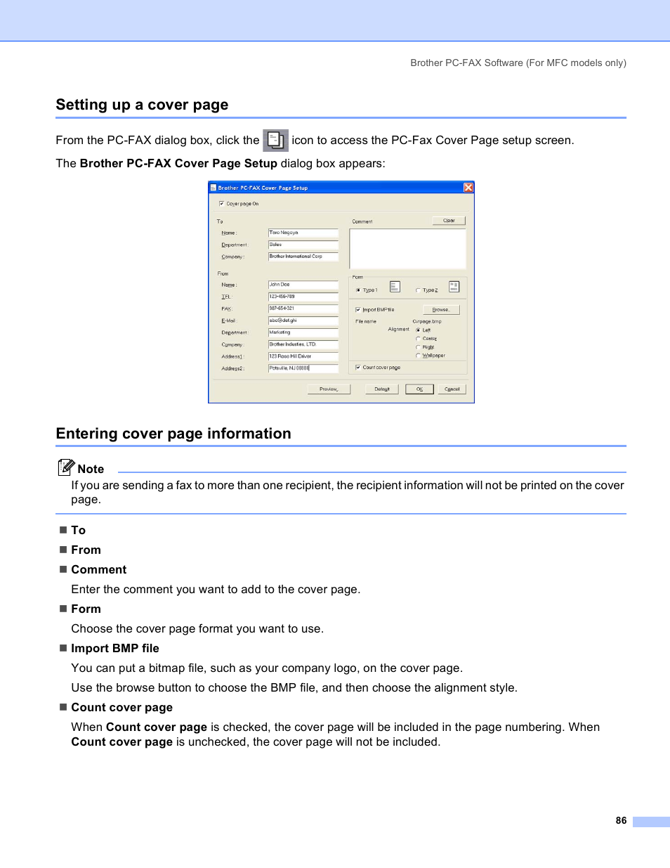 Setting up a cover page, Entering cover page information | Brother MFC-640CW User Manual | Page 92 / 160