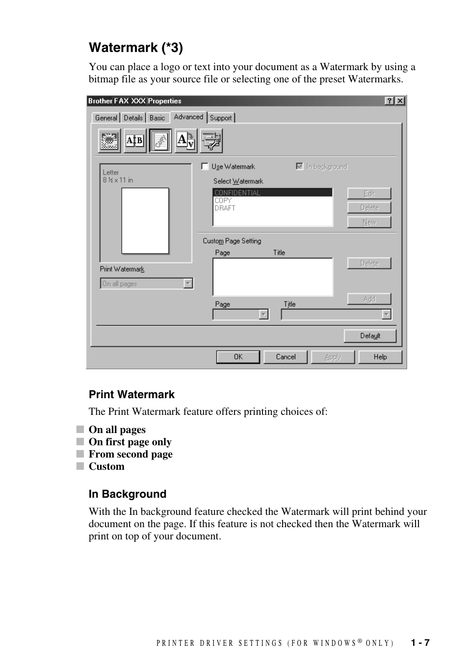 Watermark (*3), Print watermark, In background | Watermark (*3) -7, Print watermark -7 in background -7 | Brother FAX-3800 User Manual | Page 10 / 26