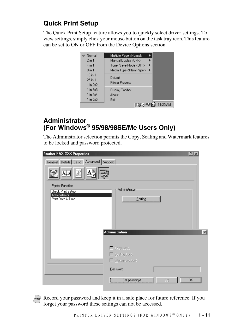 Quick print setup, Quick print setup -11 administrator, For windows | 95/98/98se/me users only) -11, Administrator (for windows | Brother FAX-3800 User Manual | Page 14 / 26