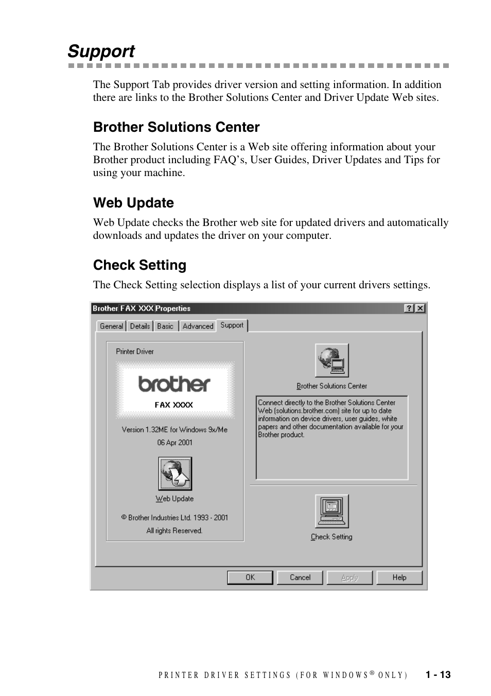 Support, Brother solutions center, Web update | Check setting, Support -13 | Brother FAX-3800 User Manual | Page 16 / 26