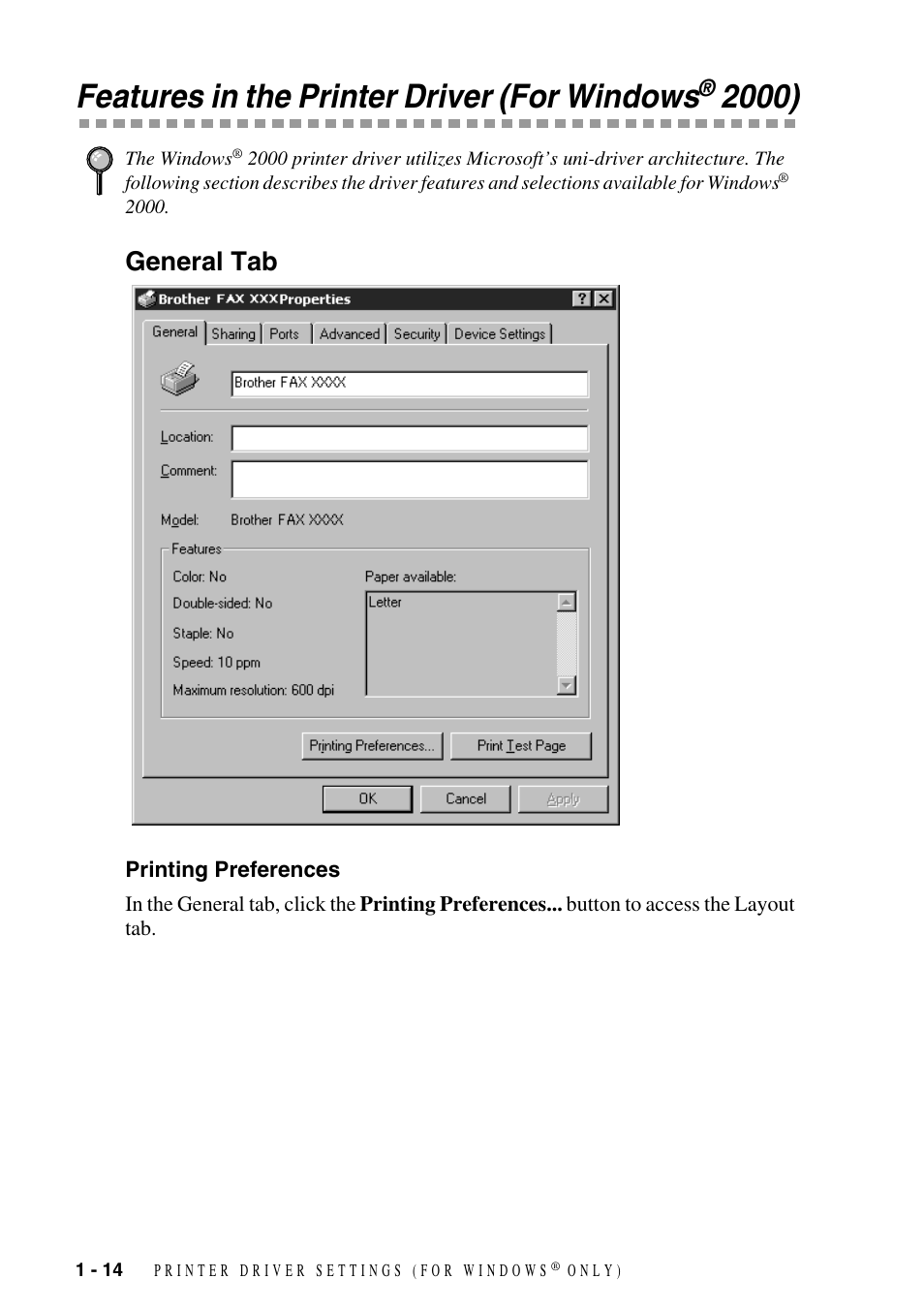 Features in the printer driver (for windows® 2000), General tab, Printing preferences | Features in the printer driver (for windows, General tab -14, Printing preferences -14 | Brother FAX-3800 User Manual | Page 17 / 26
