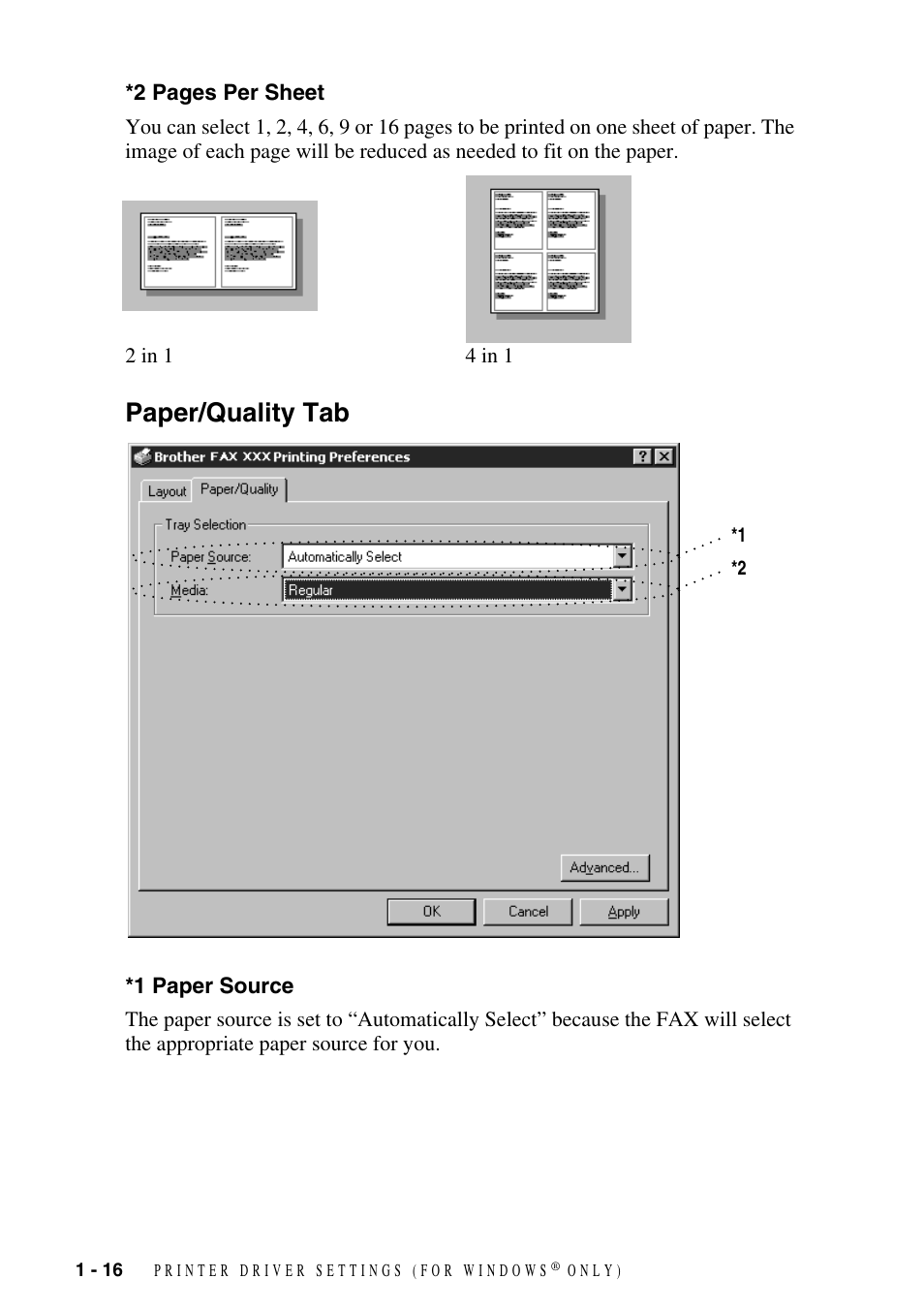 Paper/quality tab, 1 paper source, Paper/quality tab -16 | 1 paper source -16 | Brother FAX-3800 User Manual | Page 19 / 26
