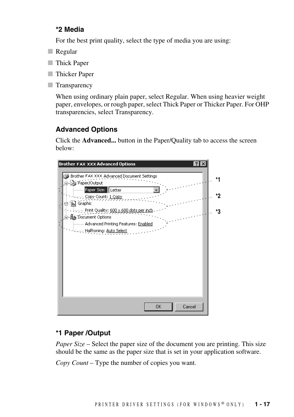 2 media, Advanced options, 1 paper /output | Brother FAX-3800 User Manual | Page 20 / 26