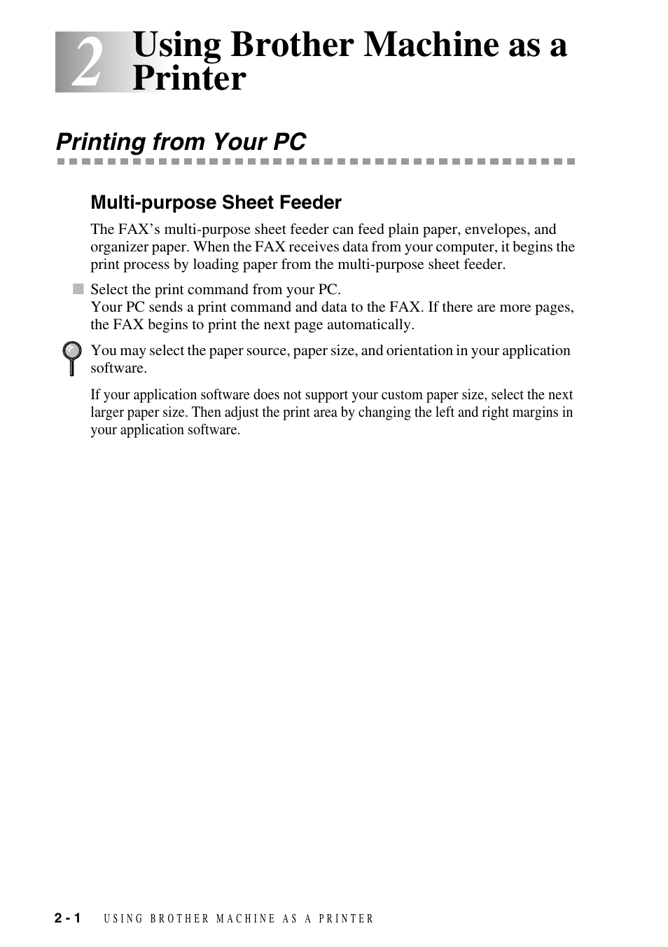 Using brother machine as a printer, Printing from your pc, Multi-purpose sheet feeder | Using brother machine as a printer -1, Printing from your pc -1, Multi-purpose sheet feeder -1 | Brother FAX-3800 User Manual | Page 23 / 26