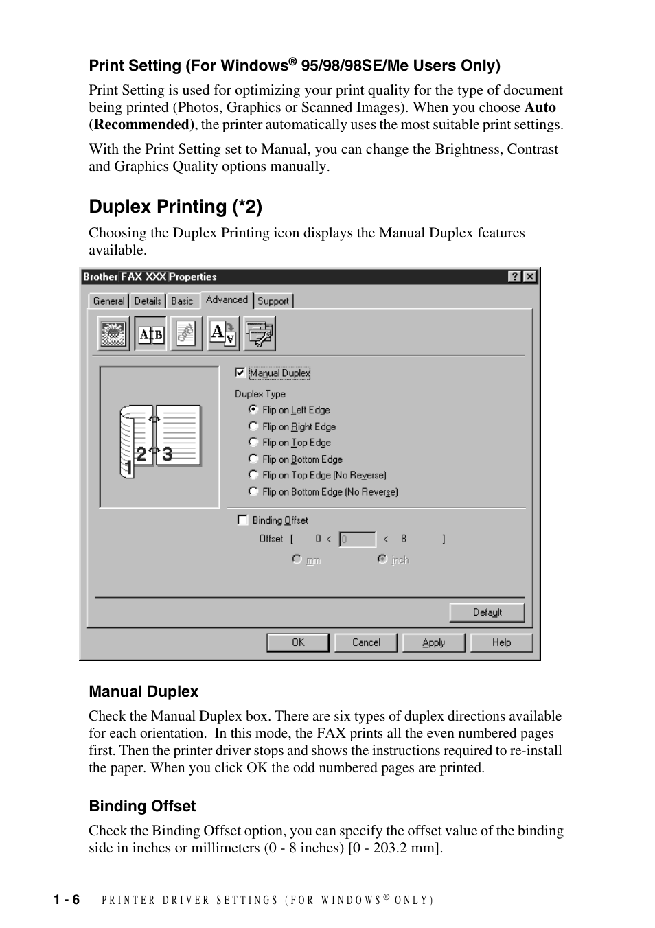 Duplex printing (*2), Manual duplex, Binding offset | Print setting, For windows, 95/98/98se/me users only) -6, Duplex printing (*2) -6, Manual duplex -6 binding offset -6 | Brother FAX-3800 User Manual | Page 9 / 26