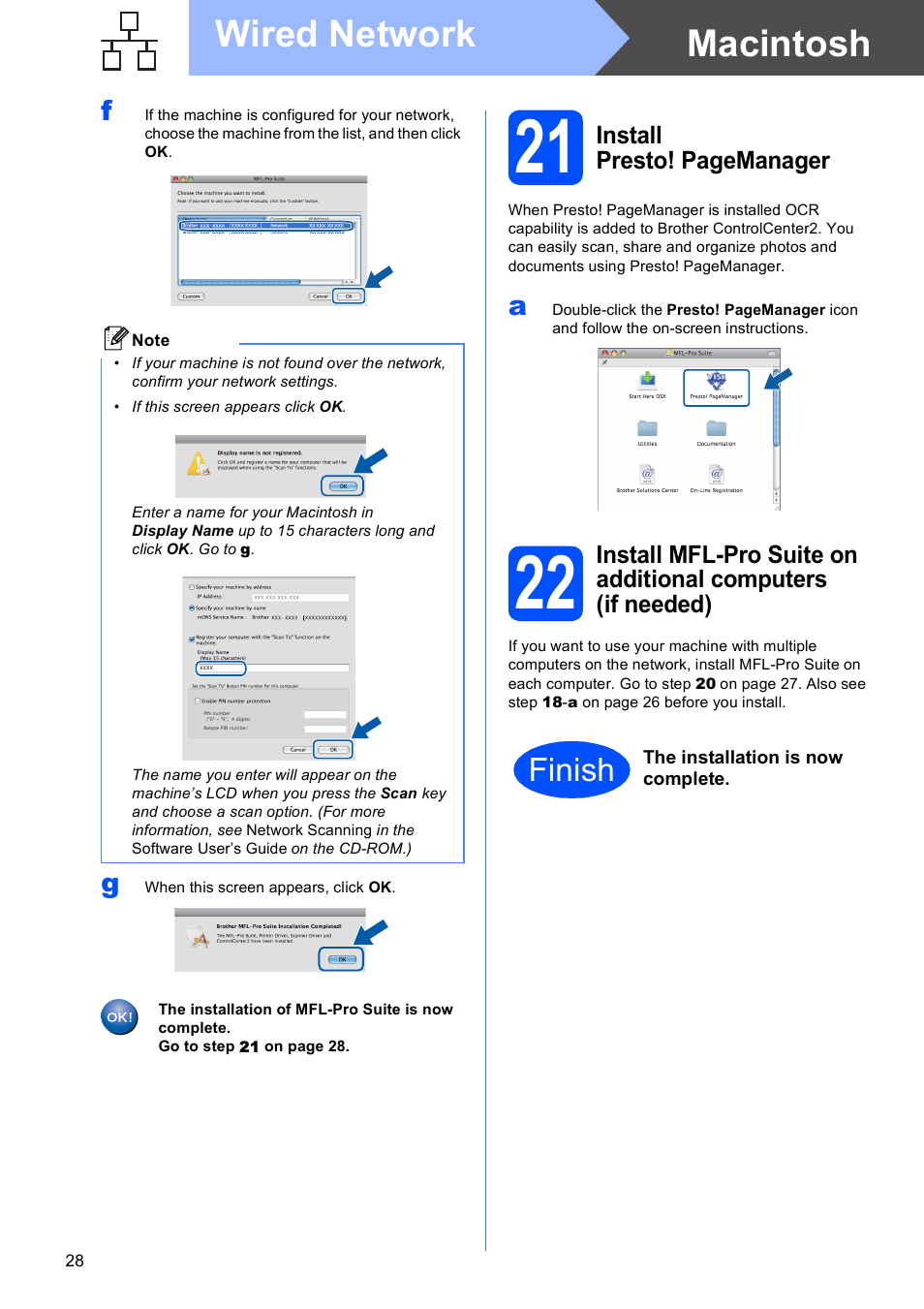Macintosh wired network, Finish | Brother MFC-795CW User Manual | Page 28 / 46