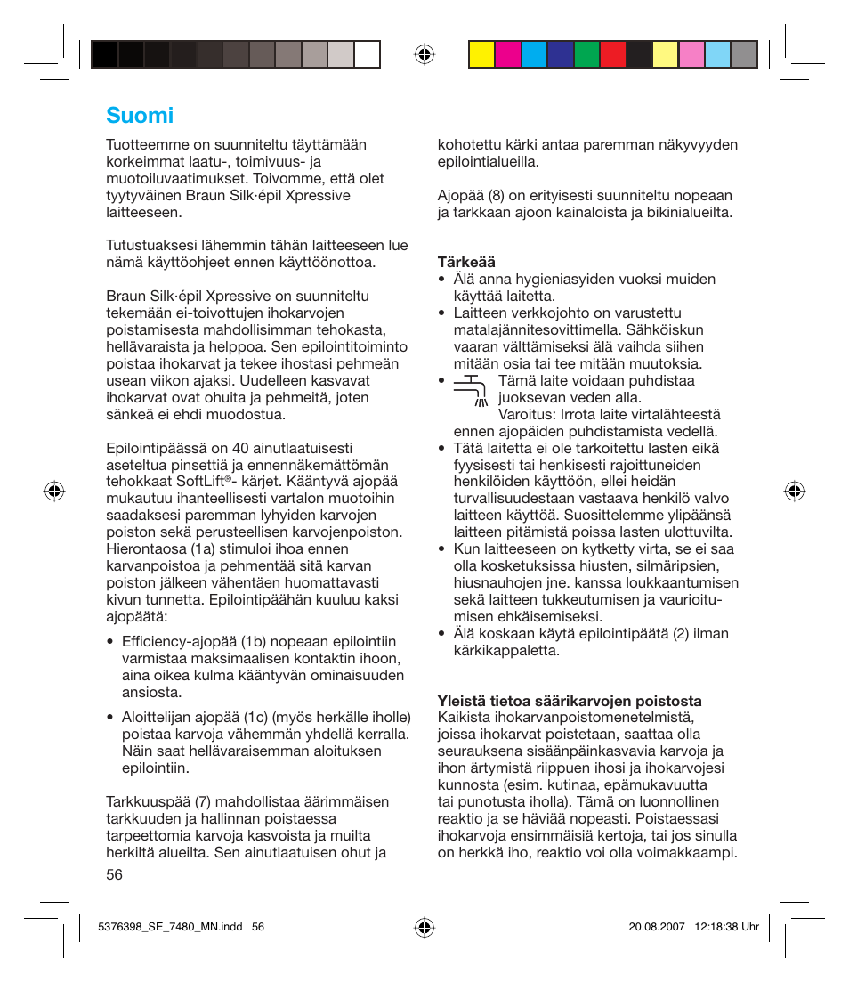 Suomi | Braun 7480 Silk-épil Xpressive User Manual | Page 56 / 102
