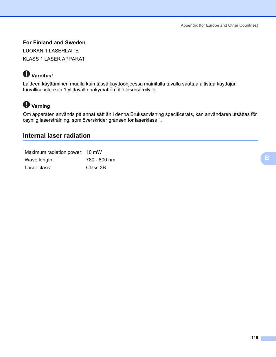 For finland and sweden, Internal laser radiation | Brother HL-2170W User Manual | Page 127 / 138
