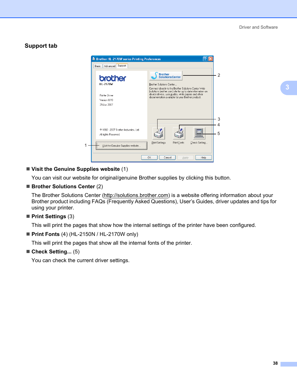 Support tab | Brother HL-2170W User Manual | Page 46 / 138