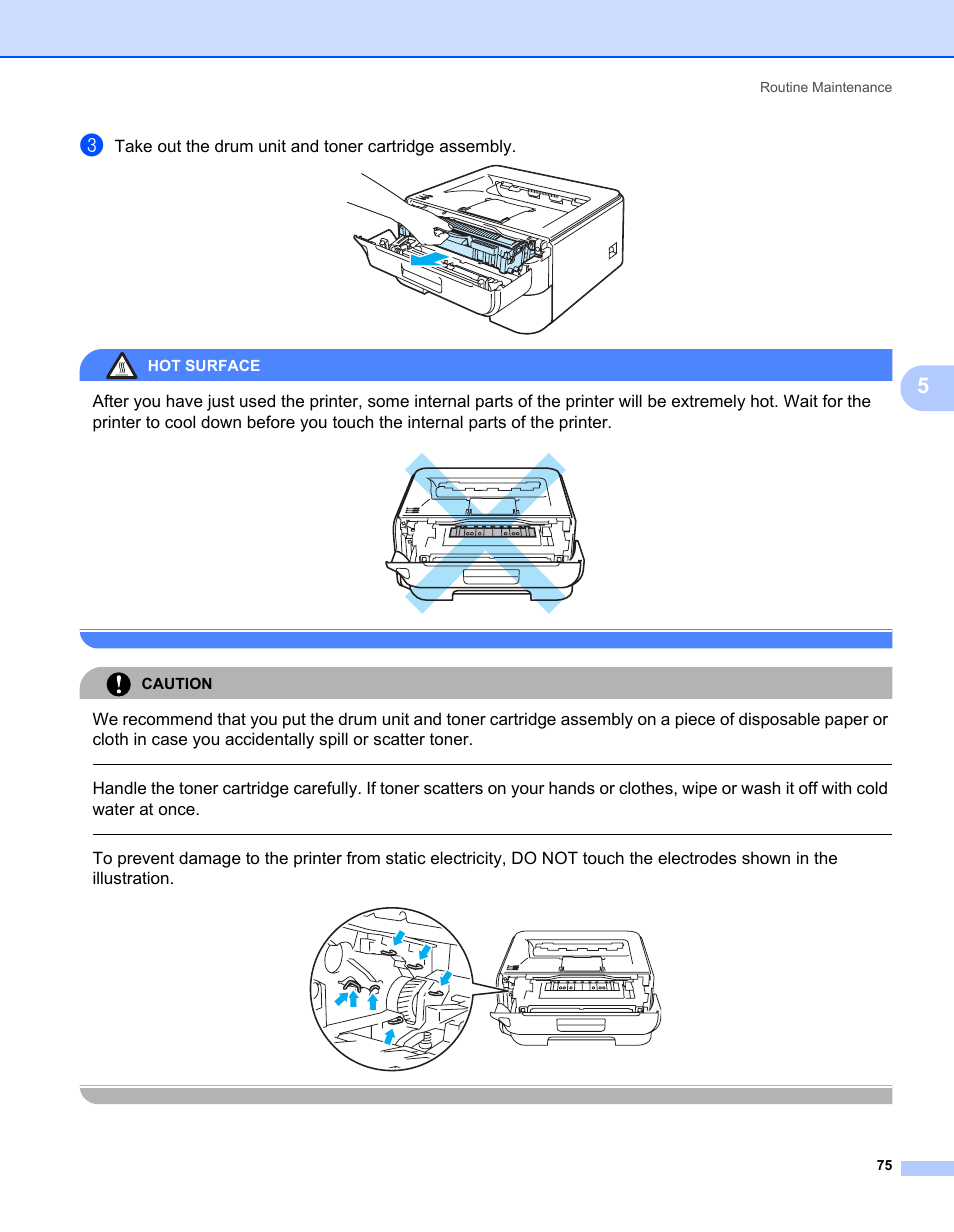 Hot surface, Caution, Routine maintenance 75 | Brother HL-2170W User Manual | Page 83 / 138