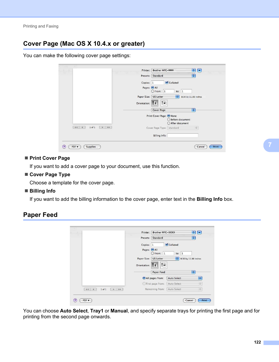 Paper feed, 7cover page (mac os x 10.4.x or greater) | Brother MFC-9120CN User Manual | Page 130 / 215